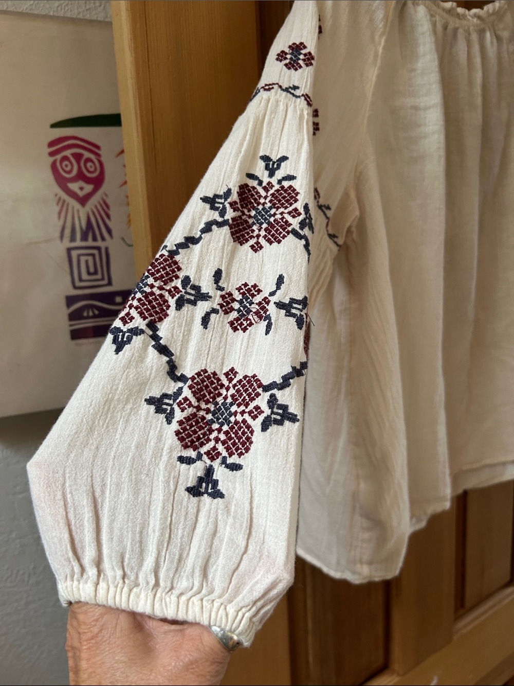 American Eagle Cream Peasant Tunic with Burgundy Embroidery and Navy Accents - Picture 4 of 4